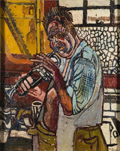 John Randall Bratby (1928-1992) - Self-portrait Playing the Trumpet in the Scullery, Chiswick (CC5/161).