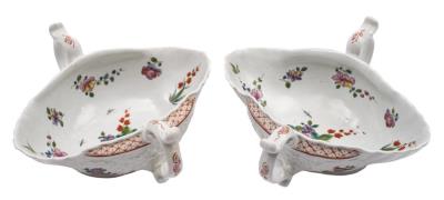 A fine pair of early Worcester Two-handled Double-lipped Sauceboats (FS51/755).